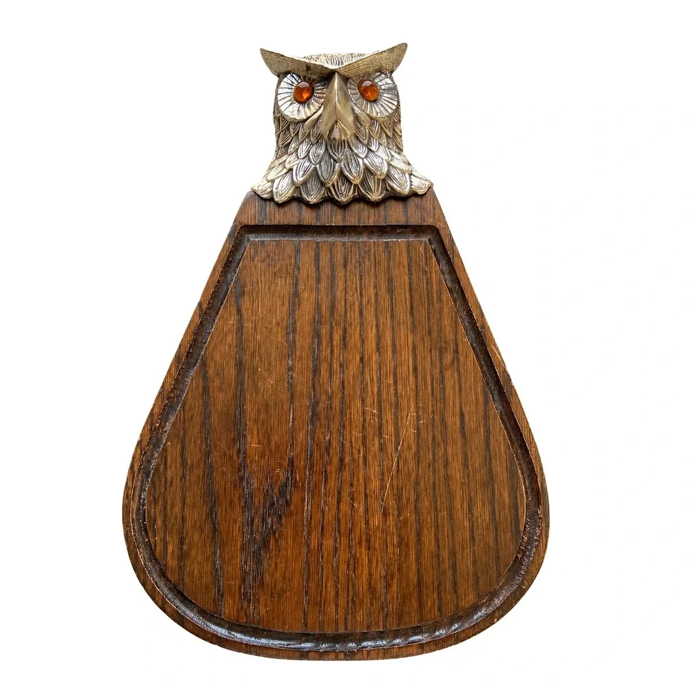 Vintage Ted Arnold LTD Owl Wood Cheese Board  Silver Metal MCM Decor Amber Eyes